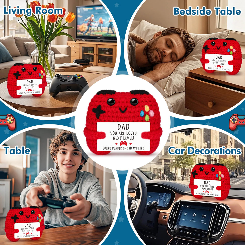 Handmade Crochet Game Controller Gift for Dad with 'Player One' Card - Busy Gaming Life