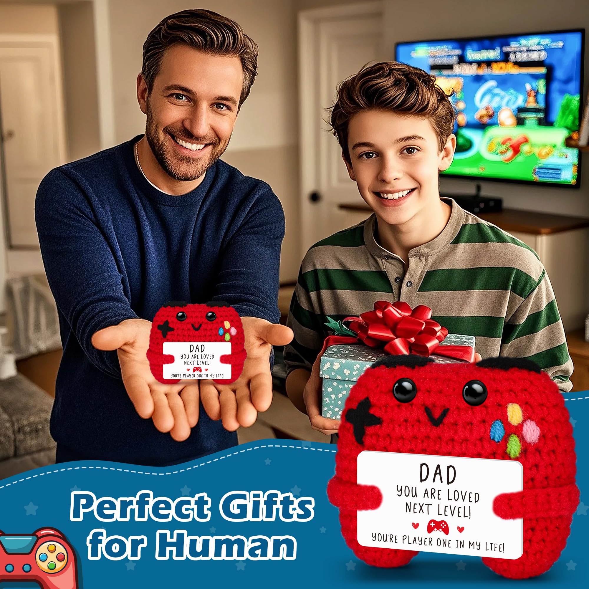 Handmade Crochet Game Controller Gift for Dad with 'Player One' Card - Busy Gaming Life