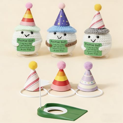 Handmade Crochet Golf Set – 3 Plushie Golf Balls, 6 Hats & Putter Trainer – Unique Desk Decor & Gift for Golf Lovers