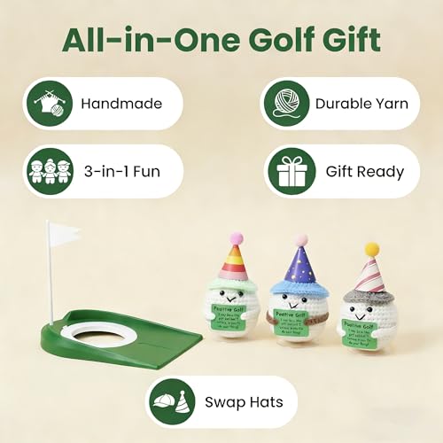 Handmade Crochet Golf Set – 3 Plushie Golf Balls, 6 Hats & Putter Trainer – Unique Desk Decor & Gift for Golf Lovers