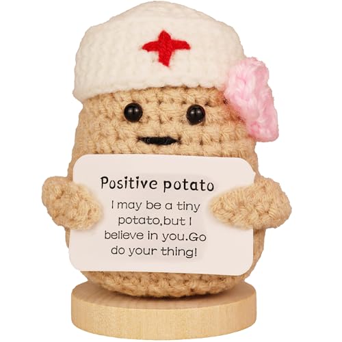 Handmade Crochet Potato Doll with Nurse Hat & Inspirational Card - Emotional Support Mini Gift for Encouragement, Desk Decor, Christmas, Birthday