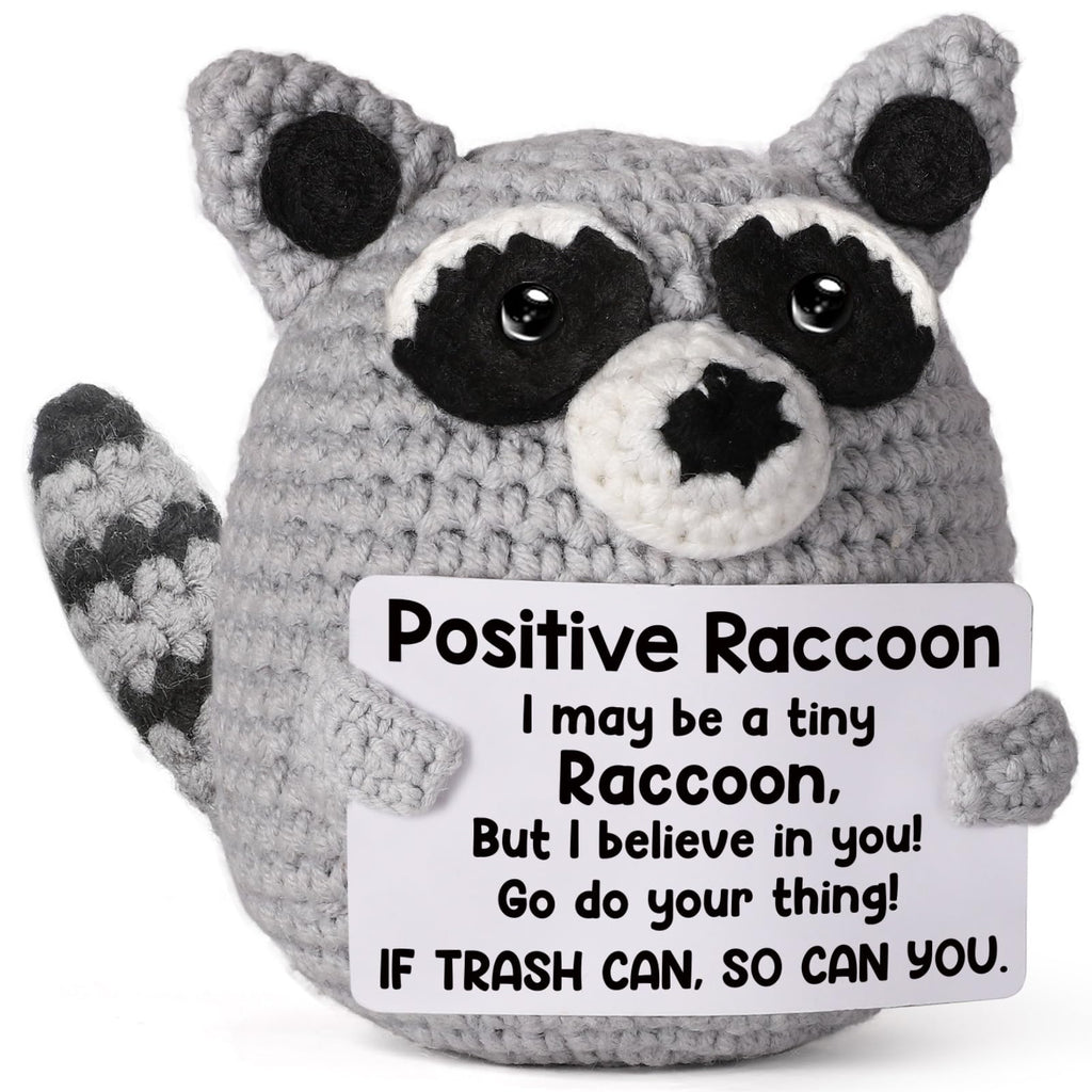 Handmade Crochet Raccoon Plush with Motivational Message – Care Package Gift for College Students, Back to School, Birthday & Christmas