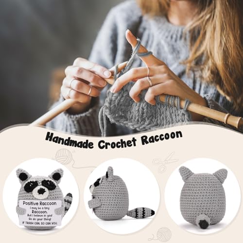 Handmade Crochet Raccoon Plush with Motivational Message – Care Package Gift for College Students, Back to School, Birthday & Christmas