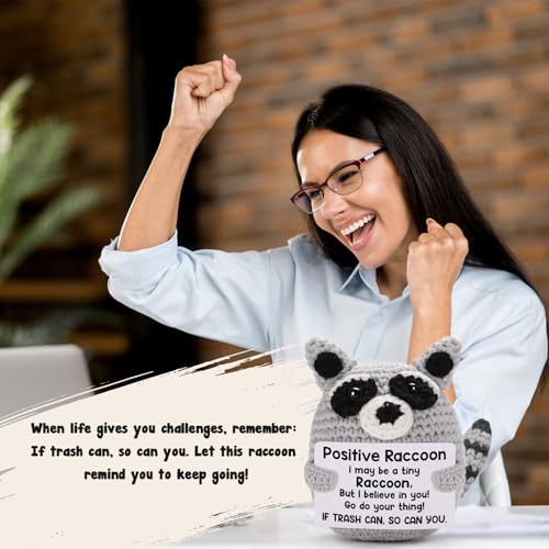 Handmade Crochet Raccoon Plush with Motivational Message – Care Package Gift for College Students, Back to School, Birthday & Christmas