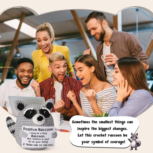 Handmade Crochet Raccoon Plush with Motivational Message – Care Package Gift for College Students, Back to School, Birthday & Christmas