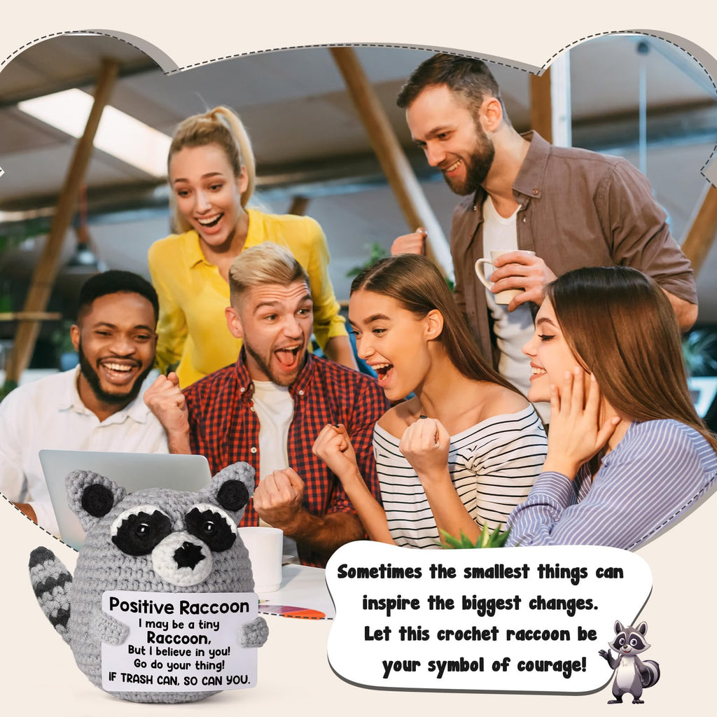Handmade Crochet Raccoon Plush with Motivational Message – Care Package Gift for College Students, Back to School, Birthday & Christmas