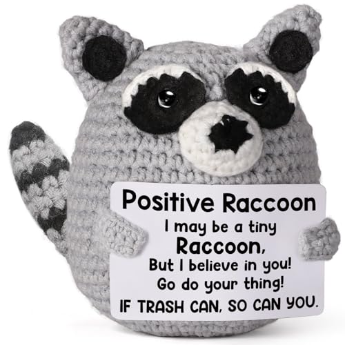 Handmade Crochet Raccoon Plush with Motivational Message – Care Package Gift for College Students, Back to School, Birthday & Christmas