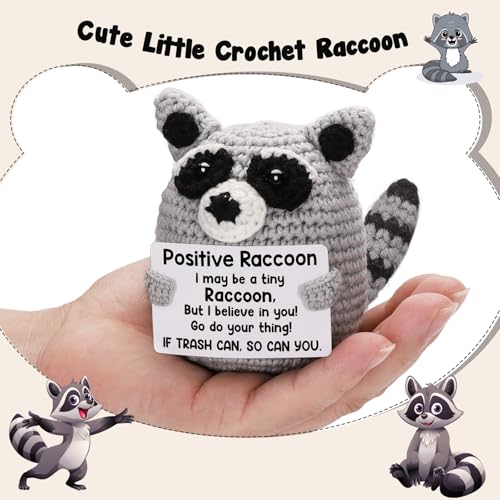 Handmade Crochet Raccoon Plush with Motivational Message – Care Package Gift for College Students, Back to School, Birthday & Christmas