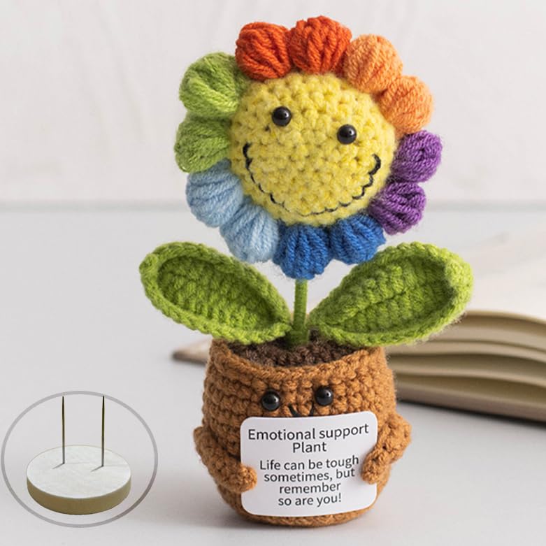 Handmade Crochet Sunflower Emotional Support Companion – 5.9" Plush with Wood Stand, Anxiety Relief Gift for Women