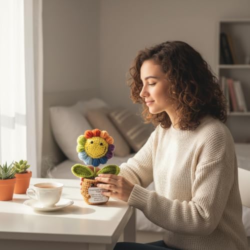 Handmade Crochet Sunflower Emotional Support Companion – 5.9" Plush with Wood Stand, Anxiety Relief Gift for Women
