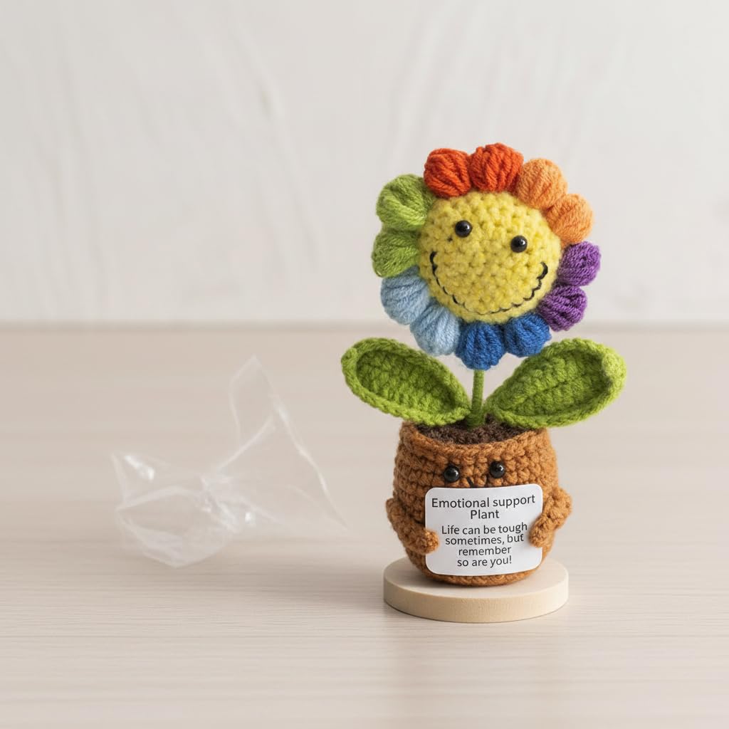 Handmade Crochet Sunflower Emotional Support Companion – 5.9" Plush with Wood Stand, Anxiety Relief Gift for Women