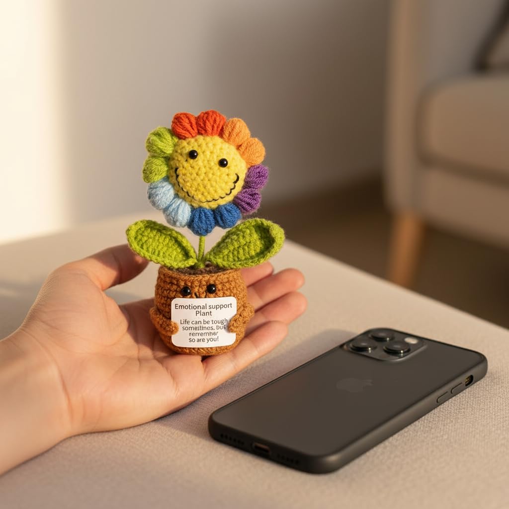 Handmade Crochet Sunflower Emotional Support Companion – 5.9" Plush with Wood Stand, Anxiety Relief Gift for Women