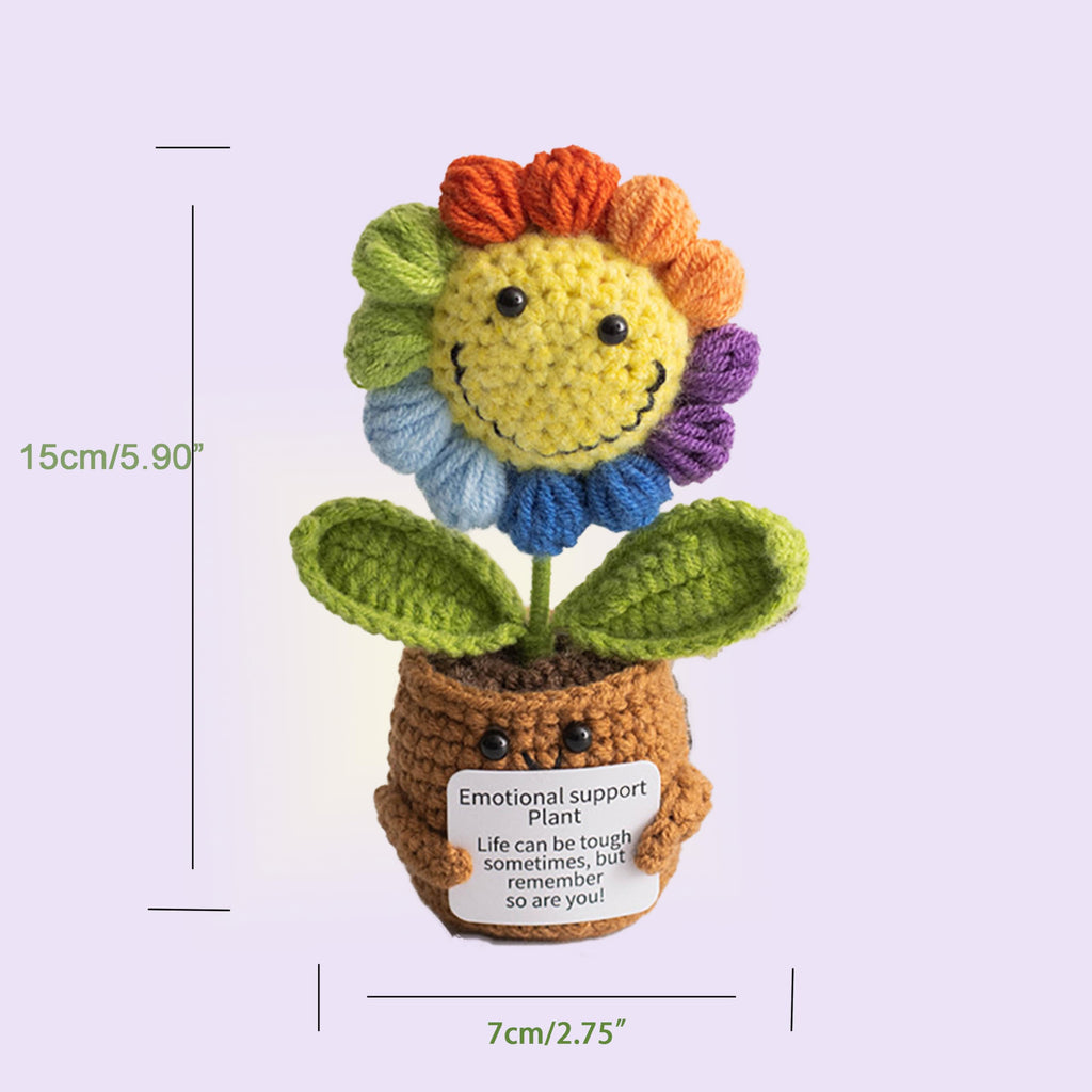 Handmade Crochet Sunflower Emotional Support Companion – 5.9" Plush with Wood Stand, Anxiety Relief Gift for Women