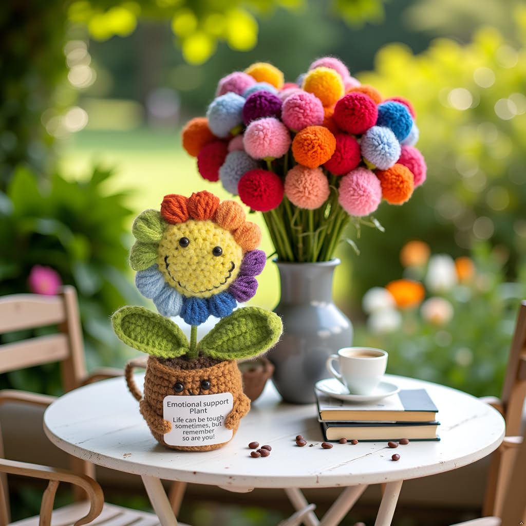 Handmade Crochet Sunflower Emotional Support Companion – 5.9" Plush with Wood Stand, Anxiety Relief Gift for Women
