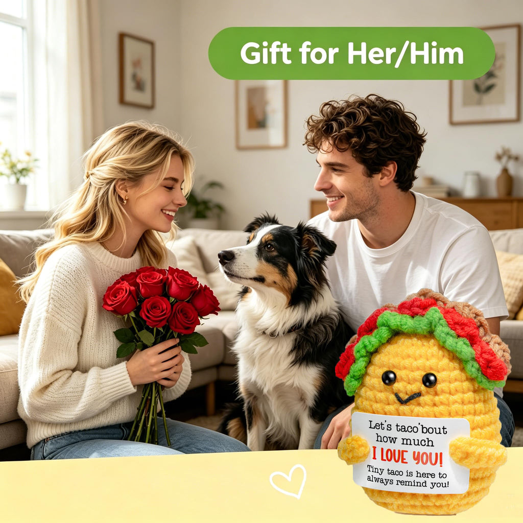 Handmade Crochet Taco Plush - Emotional Support Gift with 'Open Me' Surprise Box & I Love You Card