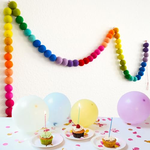 Handmade Rainbow Wool Felt Ball Garland with Happy Birthday Banner - 6.56 Ft, 60 Balls, Adjustable