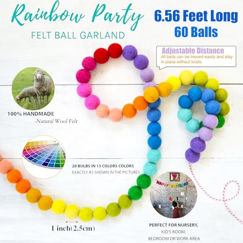 Handmade Rainbow Wool Felt Ball Garland with Happy Birthday Banner - 6.56 Ft, 60 Balls, Adjustable