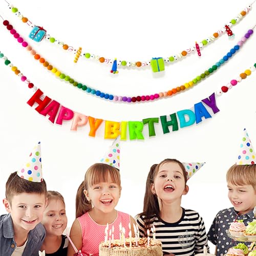 Handmade Rainbow Wool Felt Ball Garland with Happy Birthday Banner - 6.56 Ft, 60 Balls, Adjustable