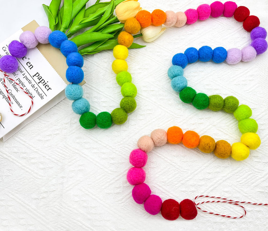 Handmade Rainbow Wool Felt Ball Garland with Happy Birthday Banner - 6.56 Ft, 60 Balls, Adjustable