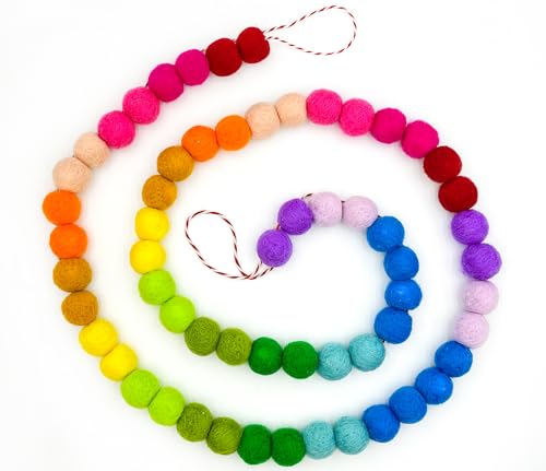 Handmade Rainbow Wool Felt Ball Garland with Happy Birthday Banner - 6.56 Ft, 60 Balls, Adjustable