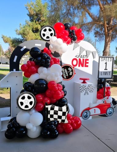Haolongfa 103-Piece Race Car Balloon Arch Kit – Red, Black & Silver for Racing Birthday Party