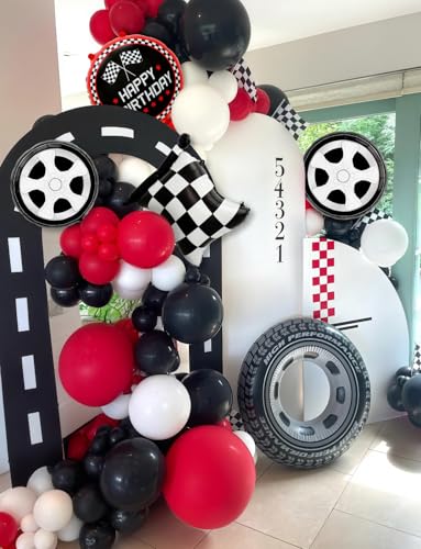 Haolongfa 103-Piece Race Car Balloon Arch Kit – Red, Black & Silver for Racing Birthday Party