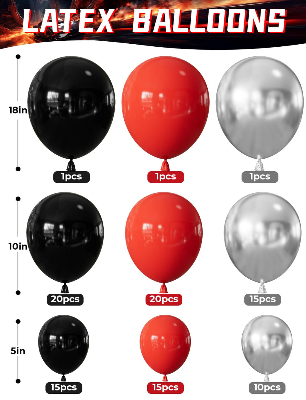 Haolongfa 103-Piece Race Car Balloon Arch Kit – Red, Black & Silver for Racing Birthday Party