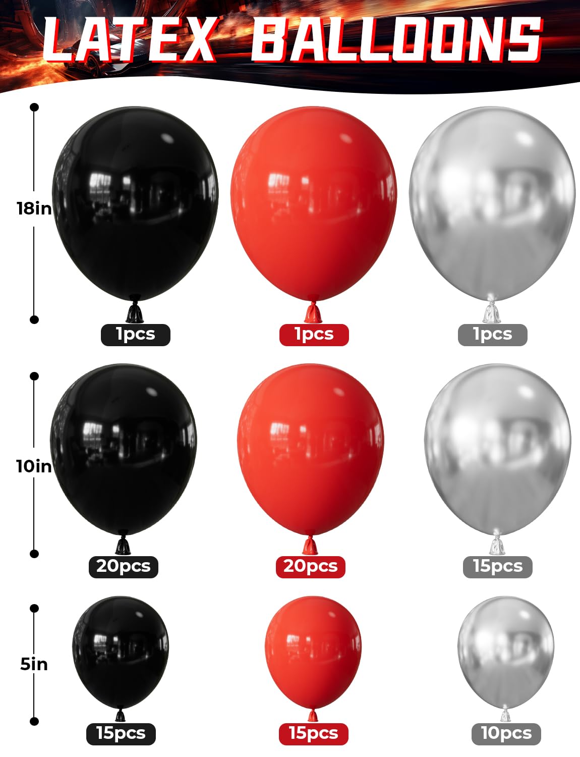 Haolongfa 103-Piece Race Car Balloon Arch Kit – Red, Black & Silver for Racing Birthday Party