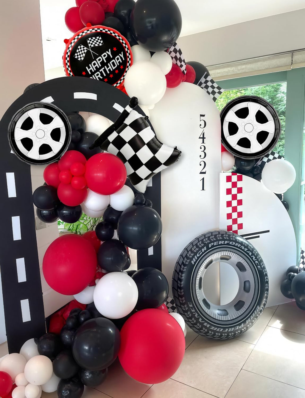 Haolongfa 103-Piece Race Car Balloon Arch Kit – Red, Black & Silver for Racing Birthday Party