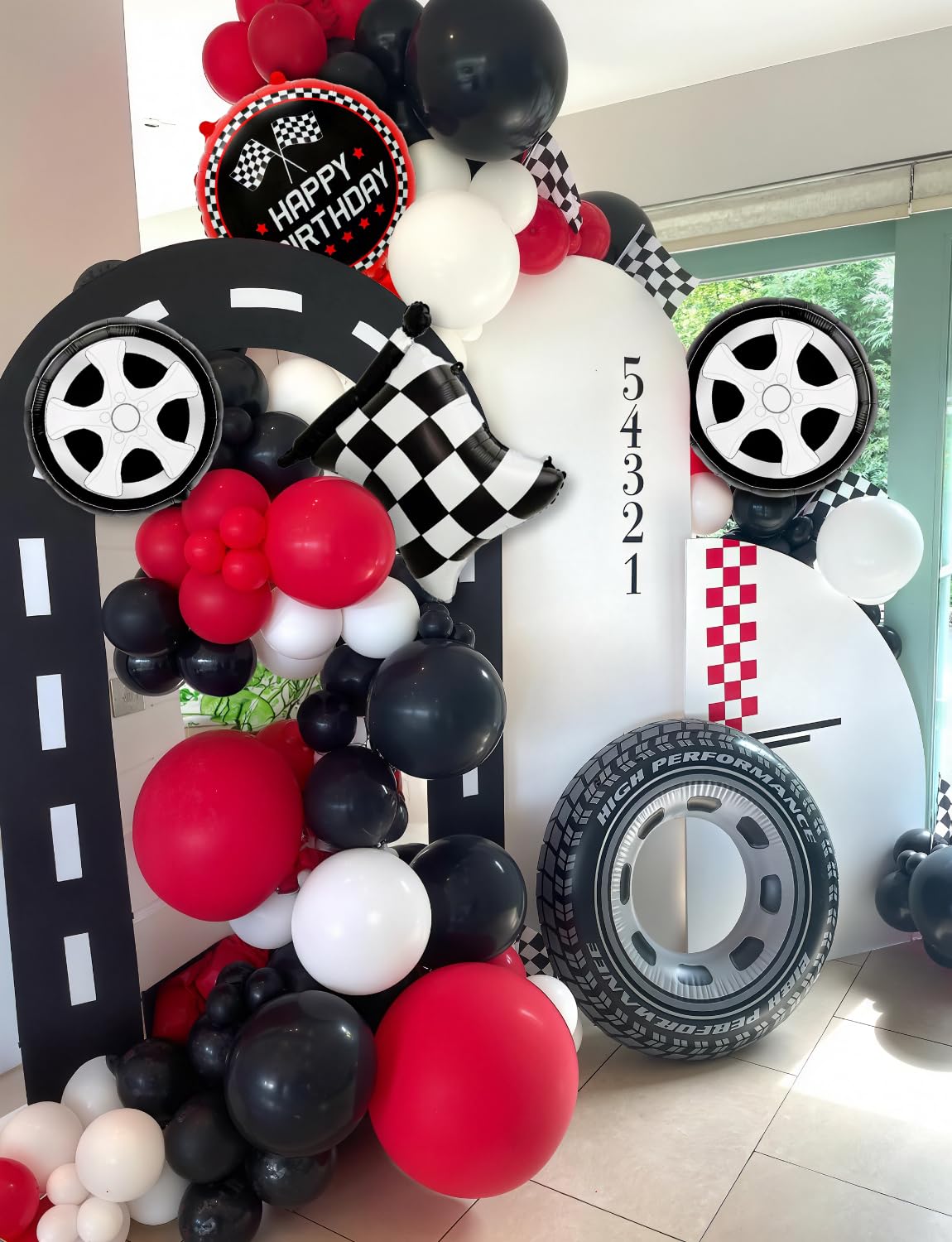 Haolongfa 103-Piece Race Car Balloon Arch Kit – Red, Black & Silver for Racing Birthday Party