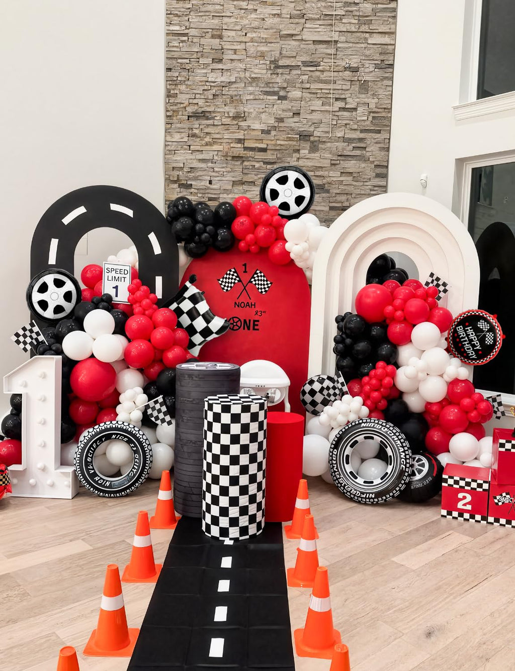 Haolongfa 103-Piece Race Car Balloon Arch Kit – Red, Black & Silver for Racing Birthday Party