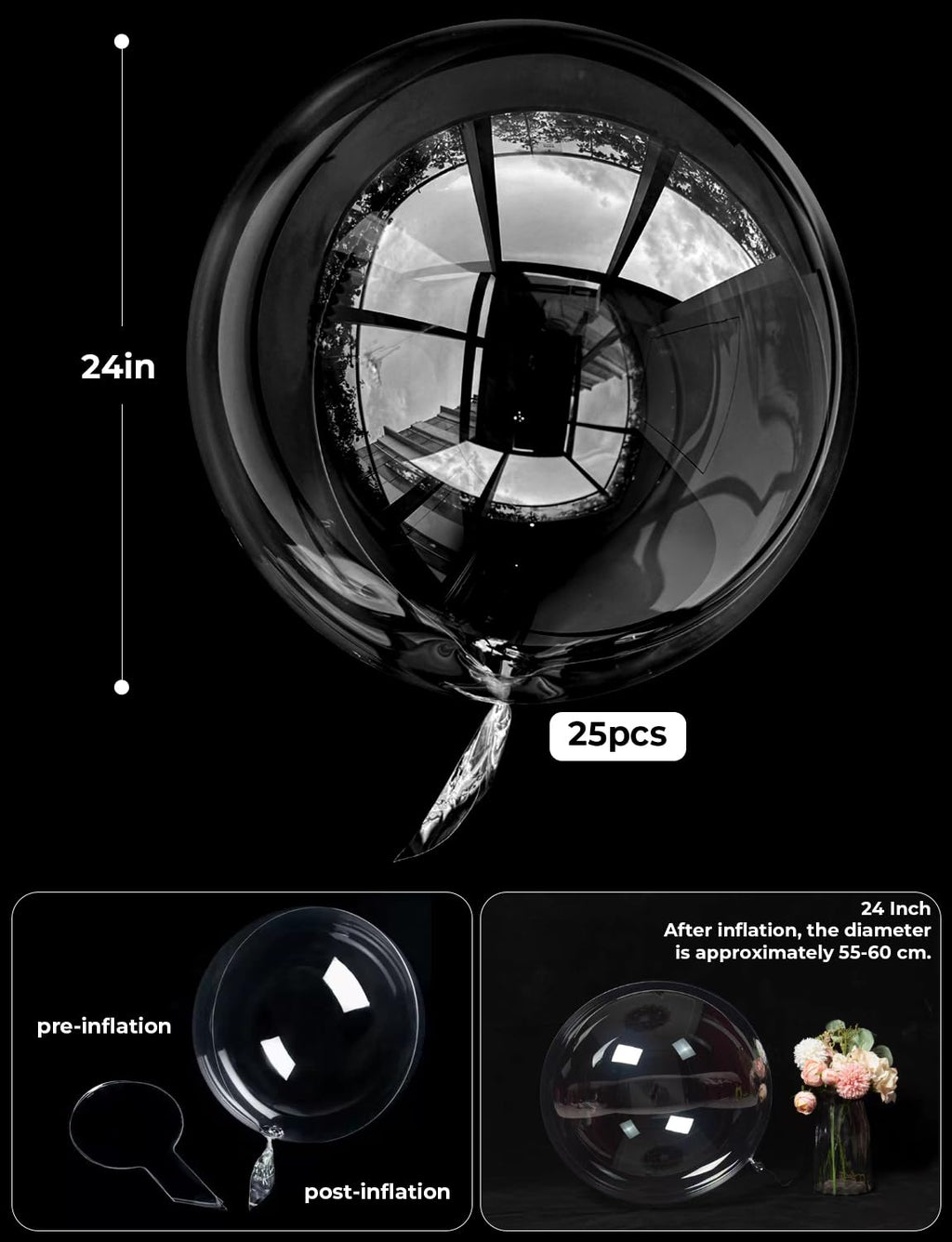 Haolongfa 24-Inch Clear Bubble Balloons (25-Pack) – TPU Stuffable Balloons for Helium or Air, DIY Party Decor for Birthdays, Weddings, Baby Showers