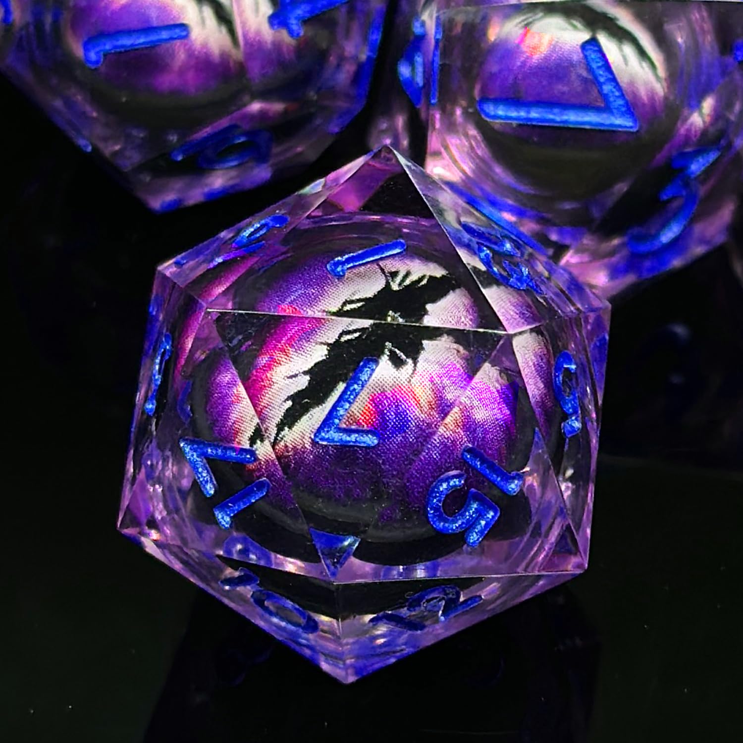 HAOMEJA Purple Eye Resin Sharp Edge Dice Set – 7 Polyhedral D&D Role Playing Dice with Bag