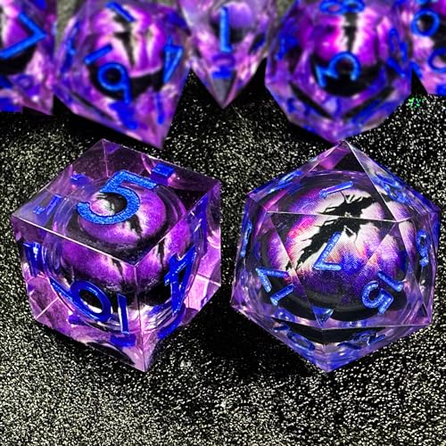 HAOMEJA Purple Eye Resin Sharp Edge Dice Set – 7 Polyhedral D&D Role Playing Dice with Bag