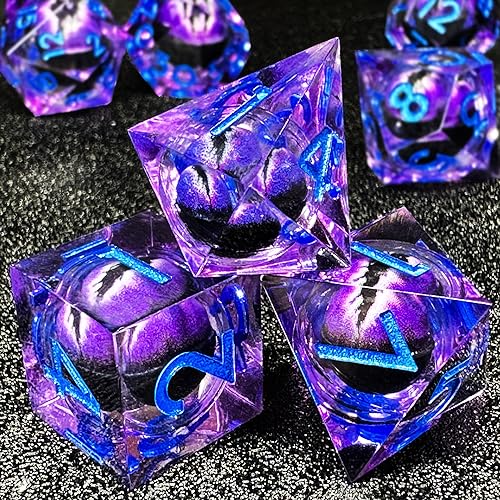 HAOMEJA Purple Eye Resin Sharp Edge Dice Set – 7 Polyhedral D&D Role Playing Dice with Bag