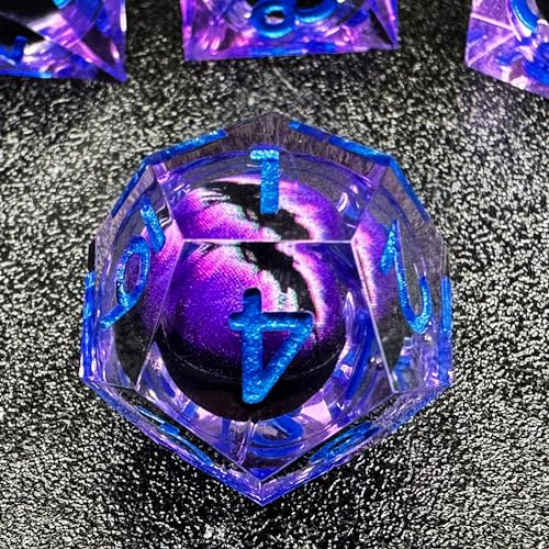 HAOMEJA Purple Eye Resin Sharp Edge Dice Set – 7 Polyhedral D&D Role Playing Dice with Bag