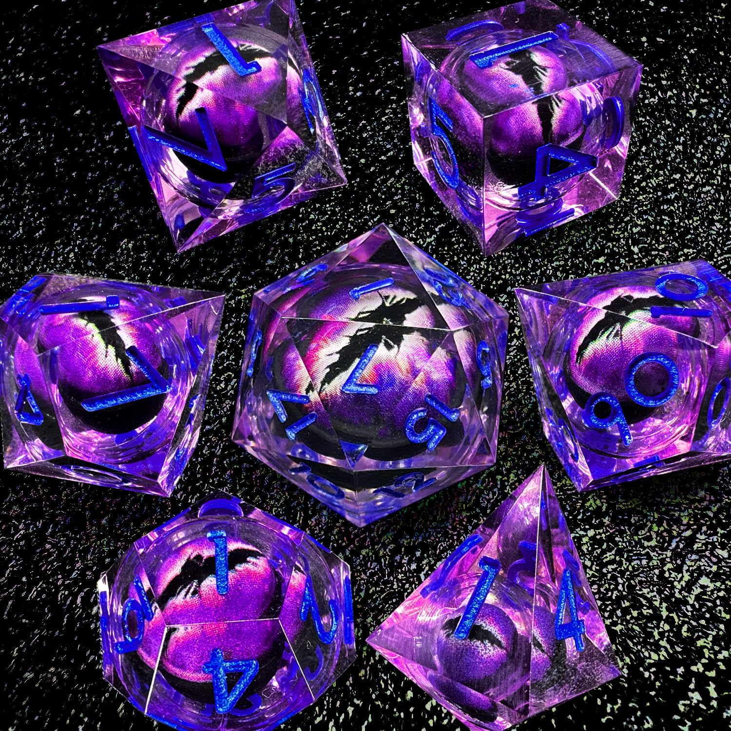 HAOMEJA Purple Eye Resin Sharp Edge Dice Set – 7 Polyhedral D&D Role Playing Dice with Bag