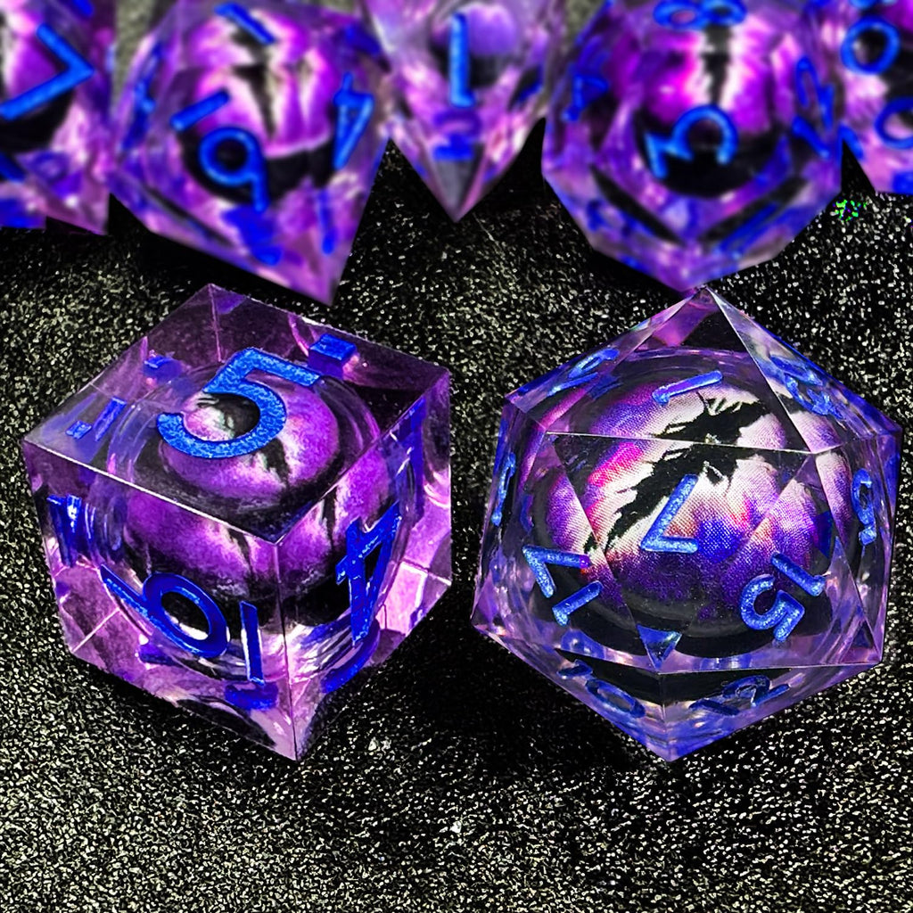 HAOMEJA Purple Eye Resin Sharp Edge Dice Set – 7 Polyhedral D&D Role Playing Dice with Bag