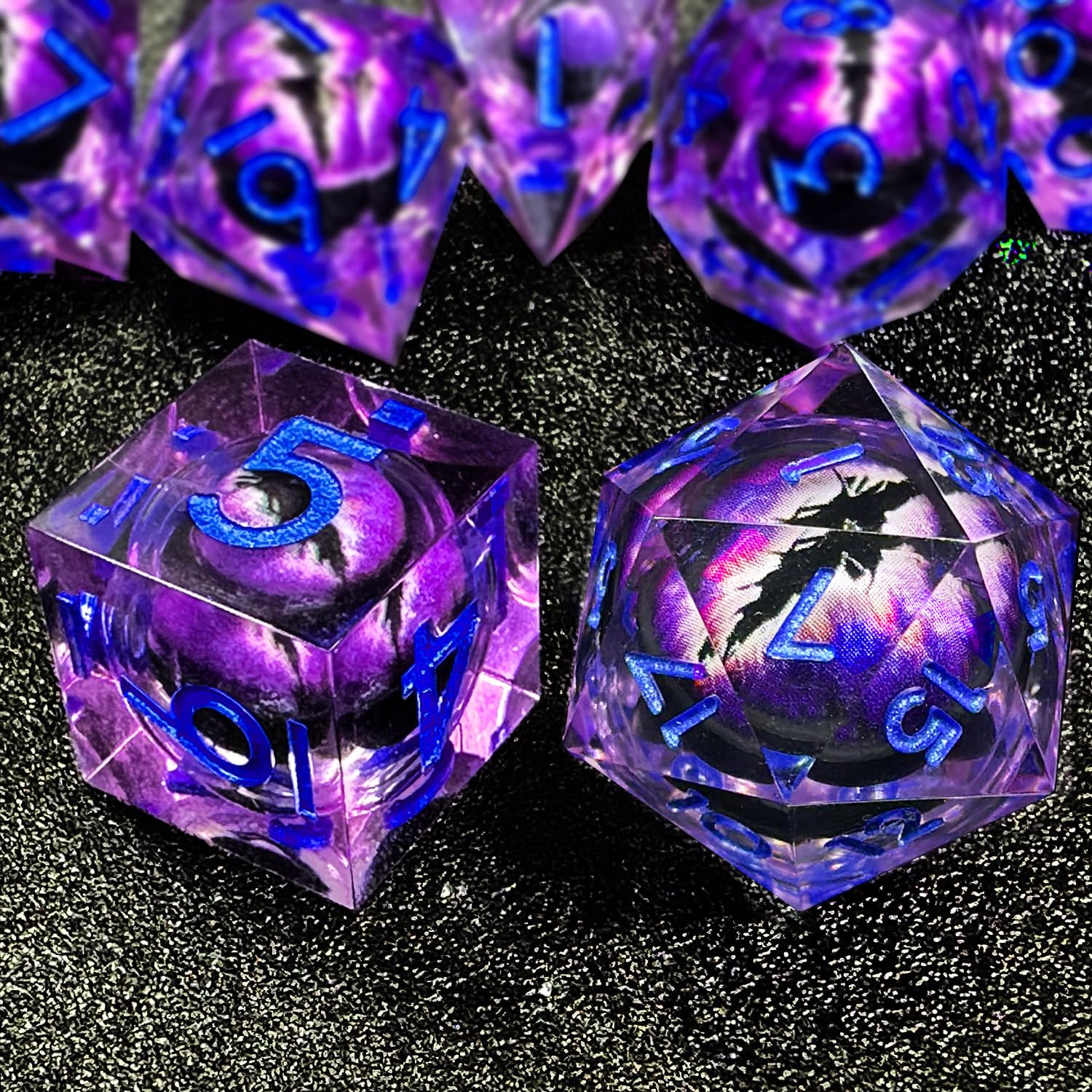 HAOMEJA Purple Eye Resin Sharp Edge Dice Set – 7 Polyhedral D&D Role Playing Dice with Bag