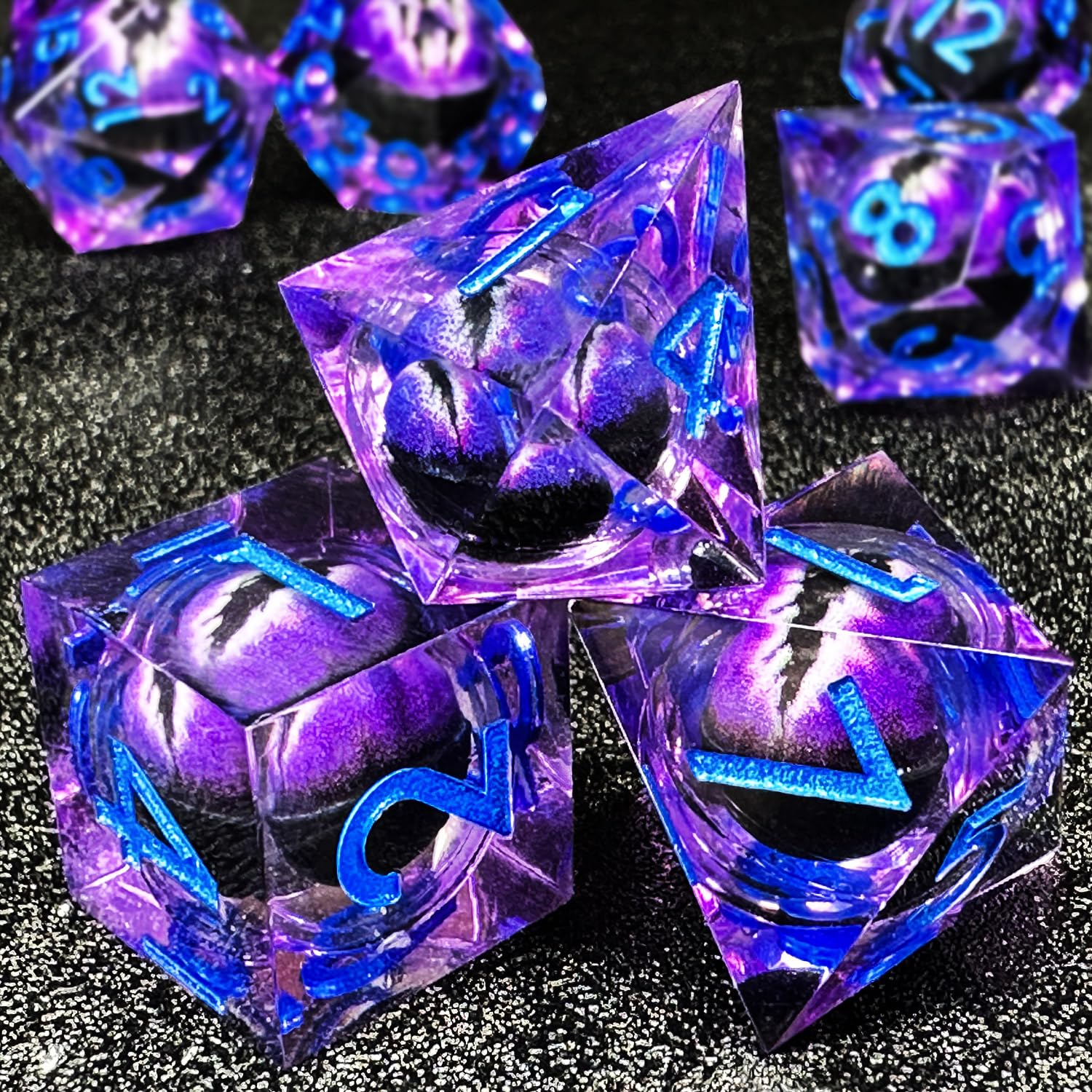 HAOMEJA Purple Eye Resin Sharp Edge Dice Set – 7 Polyhedral D&D Role Playing Dice with Bag