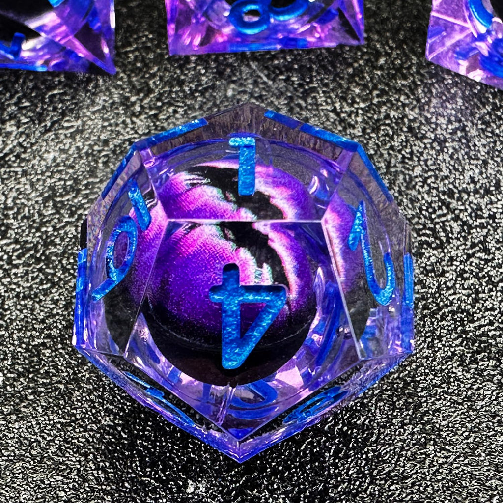 HAOMEJA Purple Eye Resin Sharp Edge Dice Set – 7 Polyhedral D&D Role Playing Dice with Bag