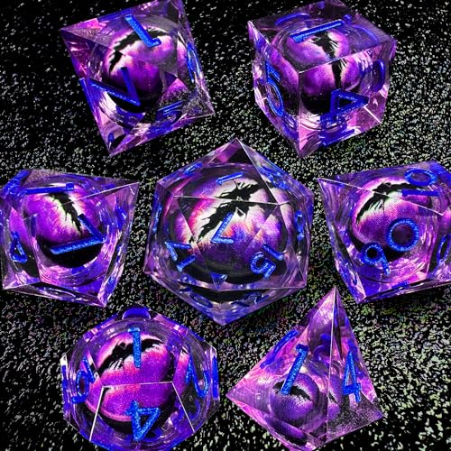 HAOMEJA Purple Eye Resin Sharp Edge Dice Set – 7 Polyhedral D&D Role Playing Dice with Bag