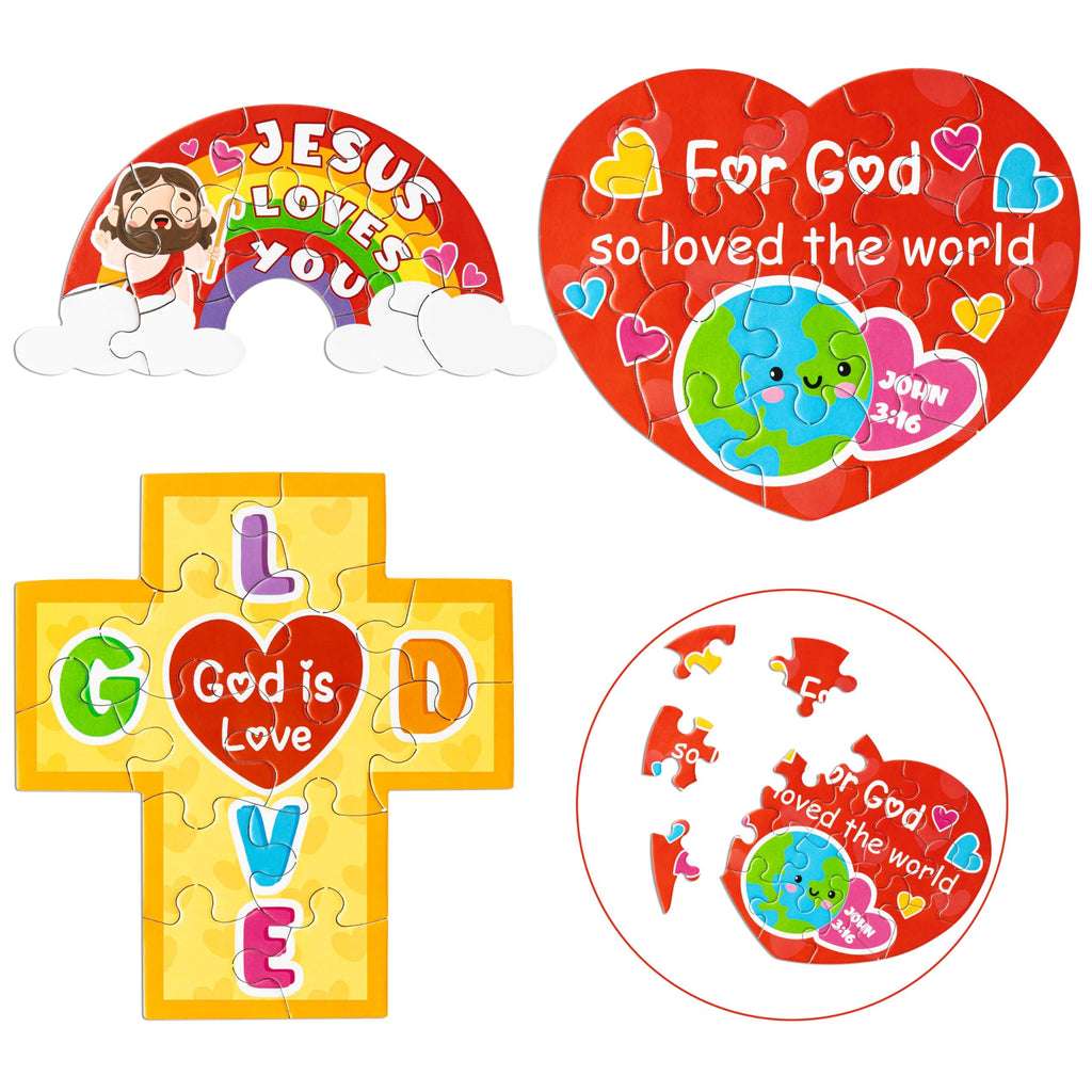 Haooryx 18-Pack Christian Valentine Jigsaw Puzzles - Jesus Loves You Cross Rainbow Heart - Religious Sunday School Activity