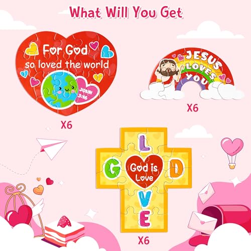 Haooryx 18-Pack Christian Valentine Jigsaw Puzzles - Jesus Loves You Cross Rainbow Heart - Religious Sunday School Activity