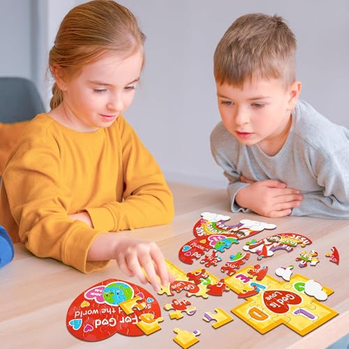Haooryx 18-Pack Christian Valentine Jigsaw Puzzles - Jesus Loves You Cross Rainbow Heart - Religious Sunday School Activity
