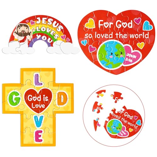 Haooryx 18-Pack Christian Valentine Jigsaw Puzzles - Jesus Loves You Cross Rainbow Heart - Religious Sunday School Activity