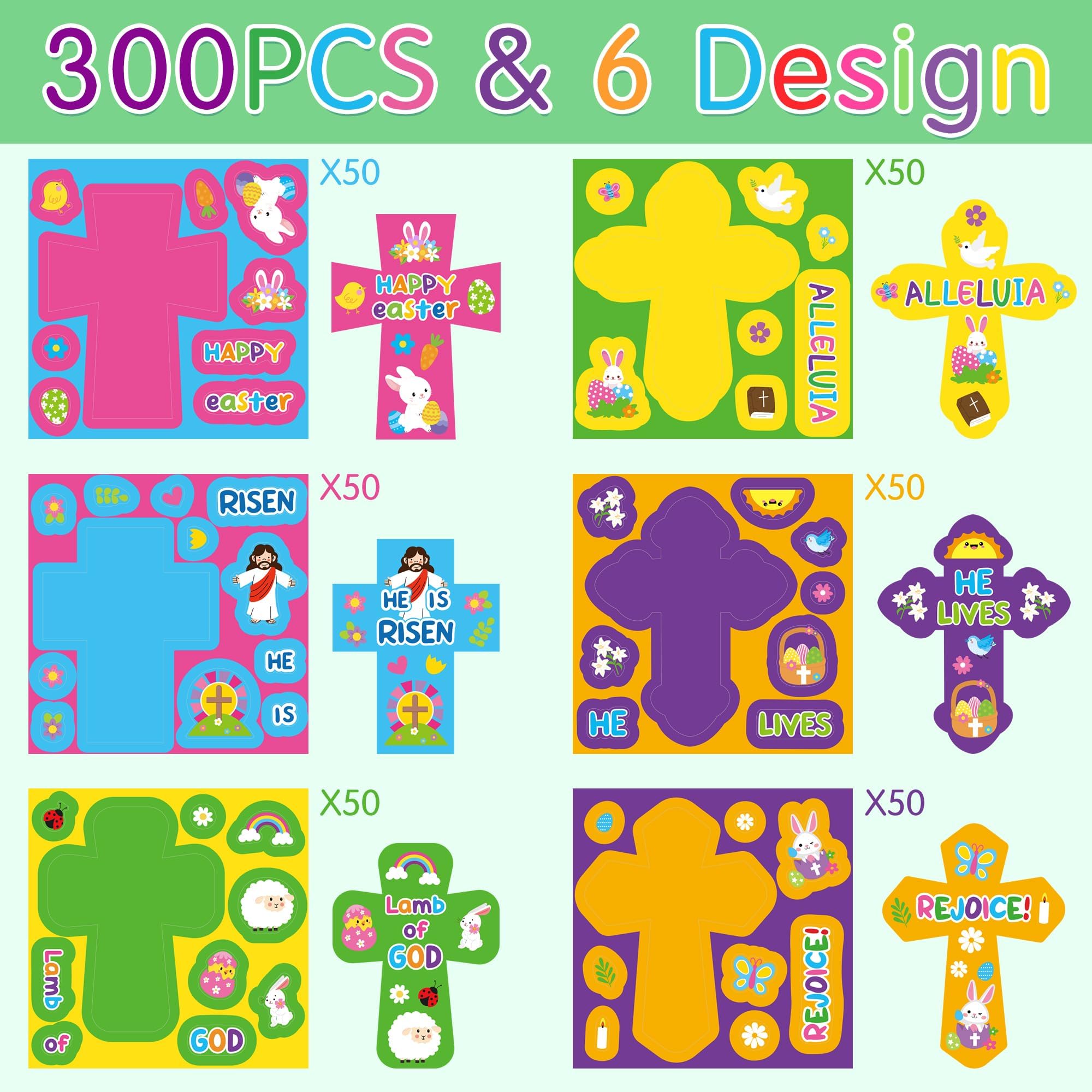 Haooryx 300Pcs Easter Cross Stickers - Self-Adhesive Paper, Repositionable, 6 Designs, for Crafts & Decor