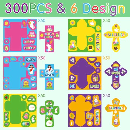Haooryx 300Pcs Easter Cross Stickers - Self-Adhesive Paper, Repositionable, 6 Designs, for Crafts & Decor