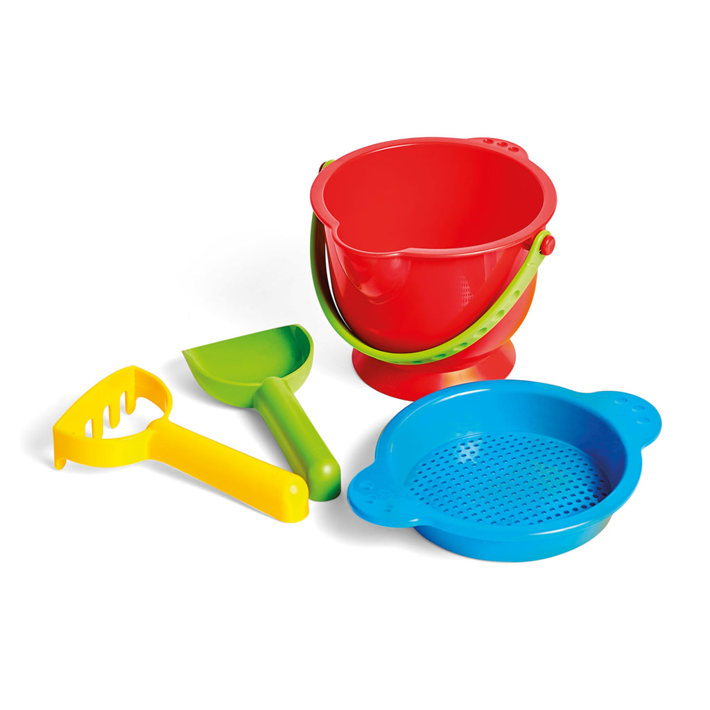 Hape Beach Basics Sand Toy Set – Bucket, Sifter, Rake, and Shovel for Toddlers 18M+