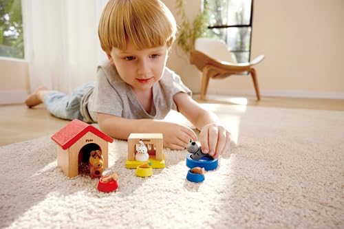 Hape Family Pets Wooden Dollhouse Animal Set – Puppy, Cat & Bunny with Accessories